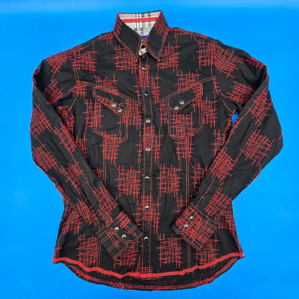 Georg Roth Los Angeles Mens M Western Pearl Snap Shirt Black Red Embroidered